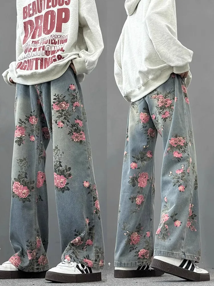 

Rose Print Loose Straight Leg Men's Jeans High Street Vibe American Retro Casual Wide Leg Long Pants Youth Faion