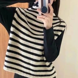 Melad Korean Version Striped High Neck Lazy Style Thick Needle Striped Warm and Warm Niche High-end Vest