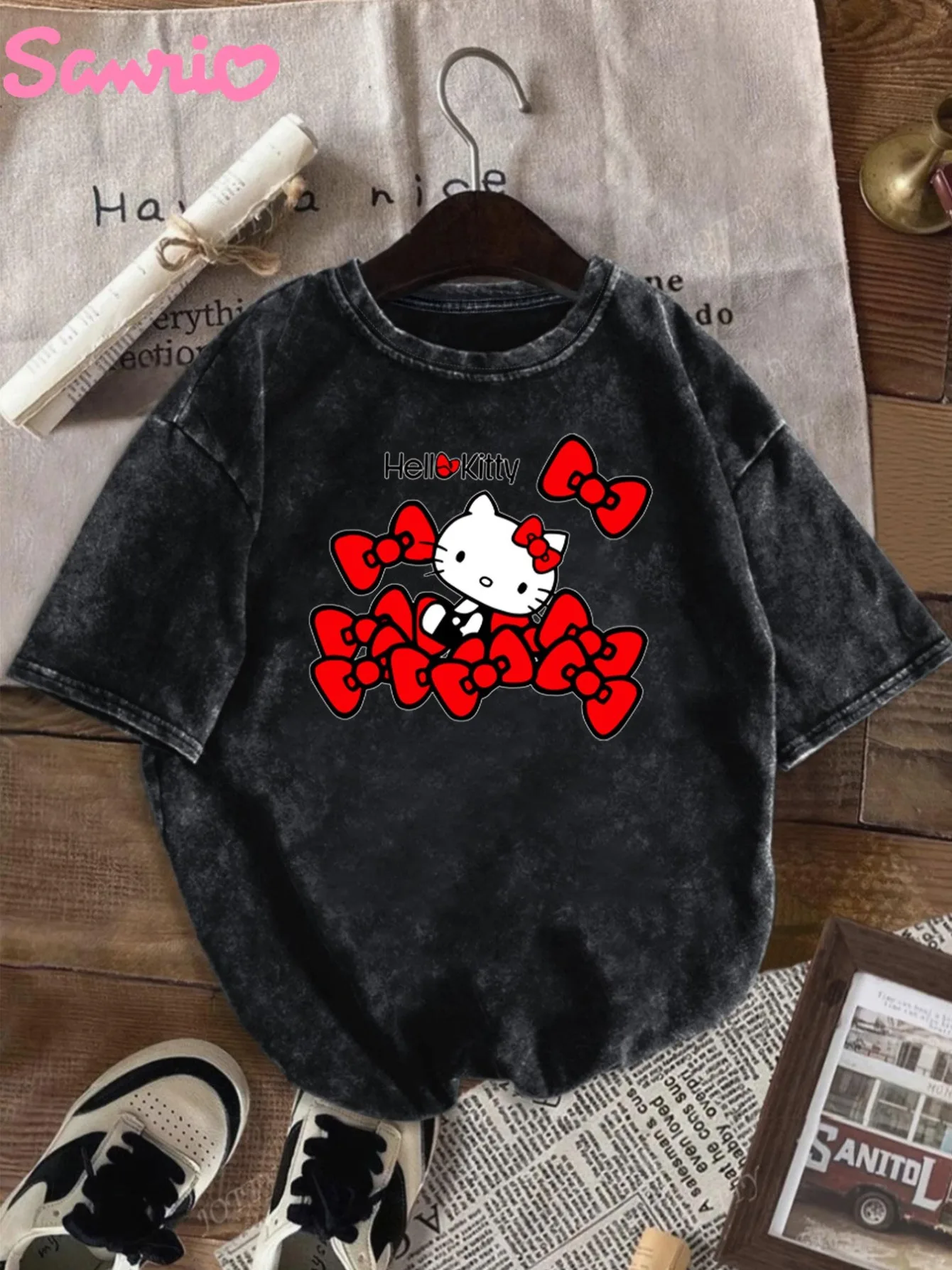 

Sanrio женская футболка в стиле ретро с круглым вырезом и короткими рукавами с милым узором, летняя повседневная свободная футболка