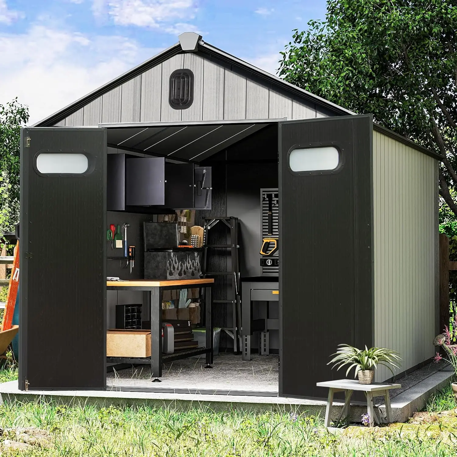 

Сарай для хранения Domi 8x16 футов, уличный, из полимерного композита, всепогодный, с двойными стенками, запираемыми дверями и вентилируемой крышей, идеально подходит