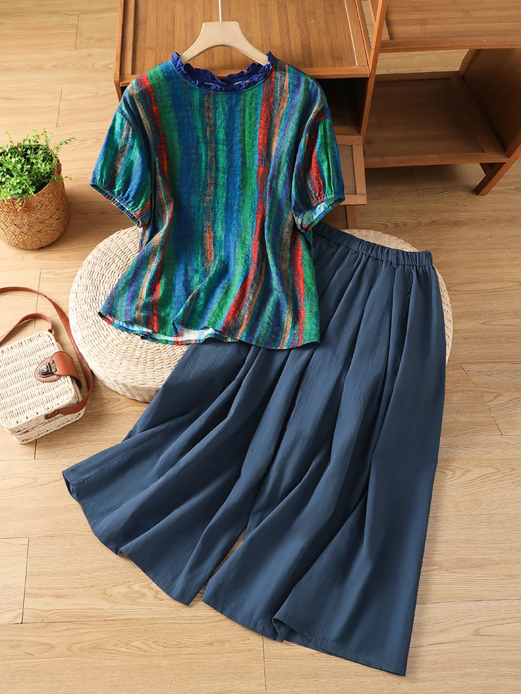 Retro  Striped Print Wooden Ear Short Sleeve Set Women Summer New Qing Blue Wide Leg Nine Points Pants Two Piece Set