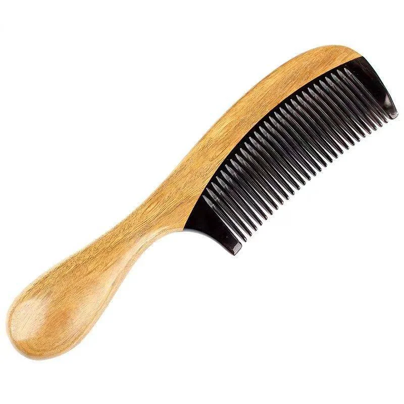 Handmade Wooded Comb Natural Green Sandalwood with Buffalo Horn Hair Combs Anti-Static Detangler