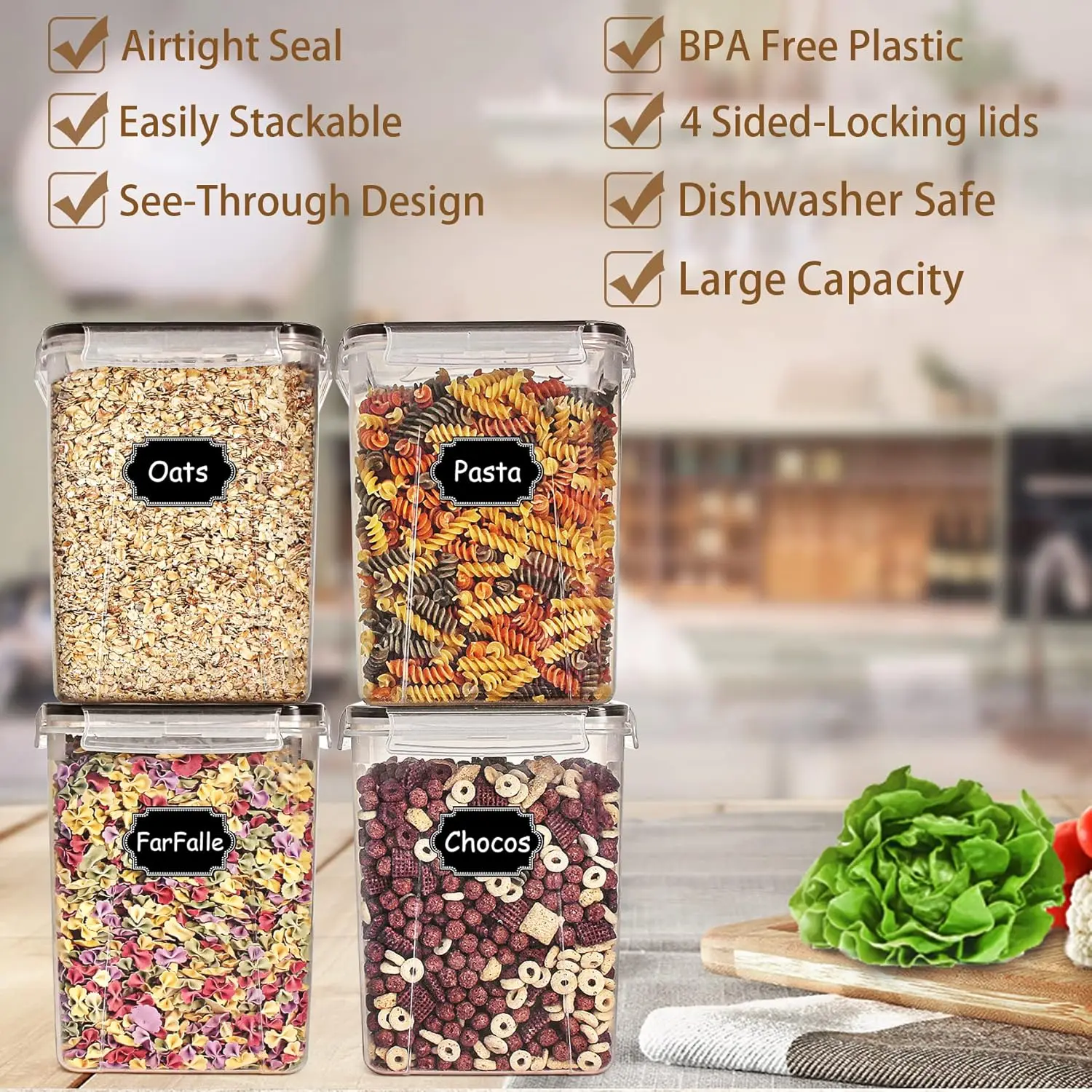 Tyrixma 4 PCS Large Food Storage Container, 5200ml/175OZ Food Preservation Storage Bucket With Label Paper And Pen, Suitable For Rice, Flour, Baking Supplies, Snacks, Home Kitchen Storage Box.