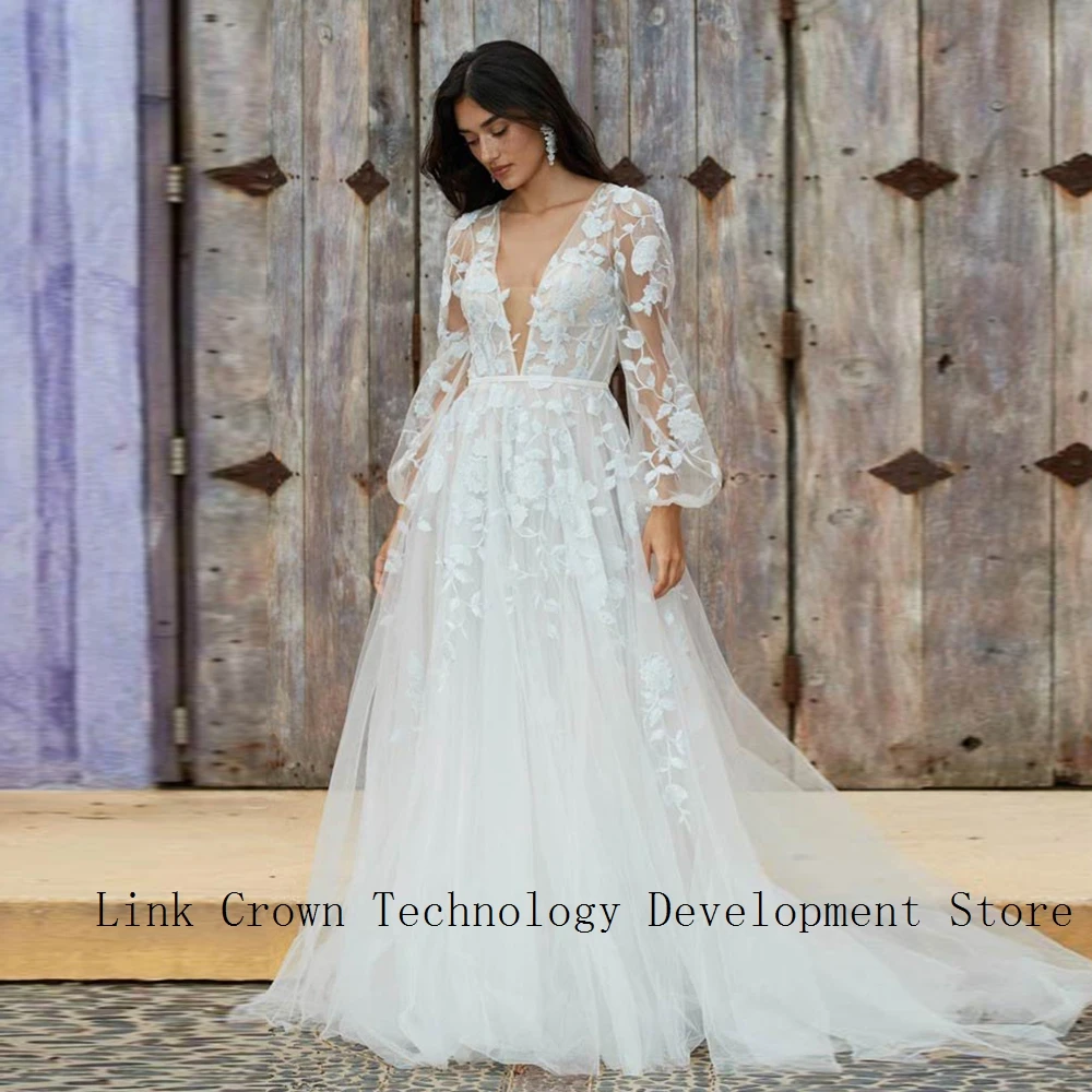 

Charming V Neck Wedding Dresses with Lace 2024 Full Sleeve Bridal Gowns for Women New Soft Tulle Vestidos De Novia New Summer