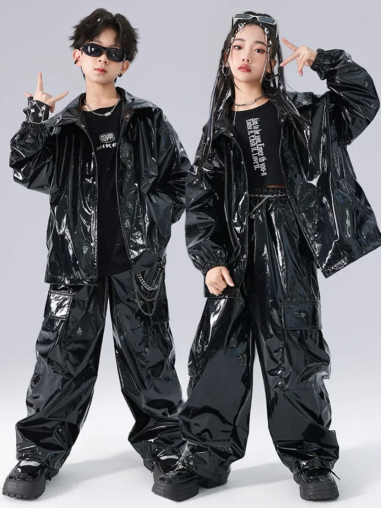 5559 Girl'S Jazz Dance Costume Model Runway Show Shiny Leather Pants Set Fashion Red Suit Streetwear Hip Hop Stage Clothes