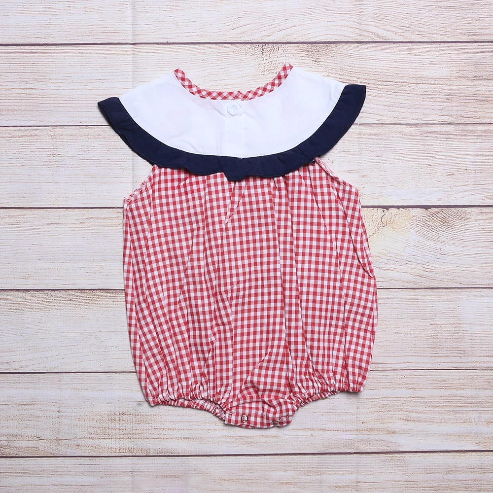 Baby Girls Clothes Girl Romper For Summer New Style Beautiful Sailboat Embroidery Romper Pretty Red Grid Baby Jumpsuit For Girls