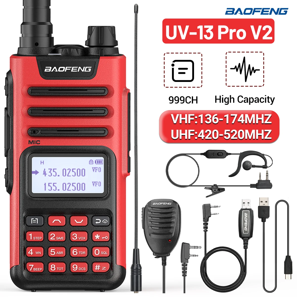 BAOFENG Walkie Talkie UV-13 Pro V2 High Power Type-C Charger VHF UHF Waterproof Upgrade of UV-5R Two Way Radio