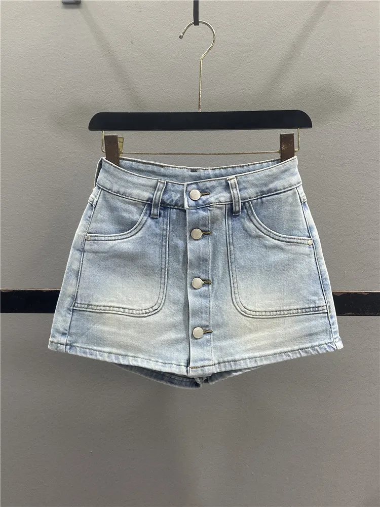 Retro Single Button Denim  Skirt Women's High Waist Elastic Slimming Sexy Half Body Skirt Casual Style with Pocket