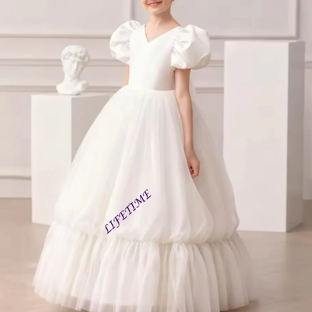 Maßgeschneidertes elfenbeinfarbenes Blumenmädchenkleid mit V-Ausschnitt, kurzen Ärmeln, bauschigem Rock, schlichtem Prinzessinnenkleid für Hochzeit, Erstkommunion, Brautjungfer, Abschlussball