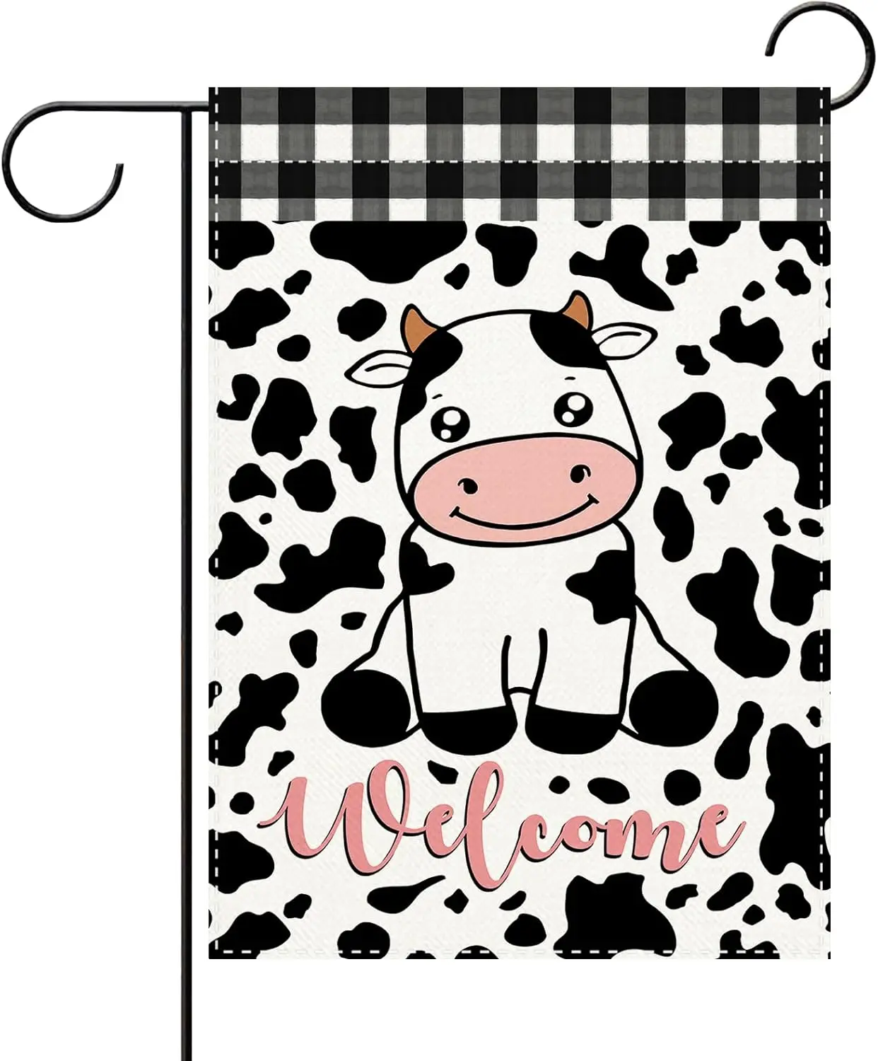 Cute Cow Print Welcome Decorative Garden Flag, Farm Animal Black White Buffalo Plaid Small Yard Outside Decorations, Farmhou MMZ