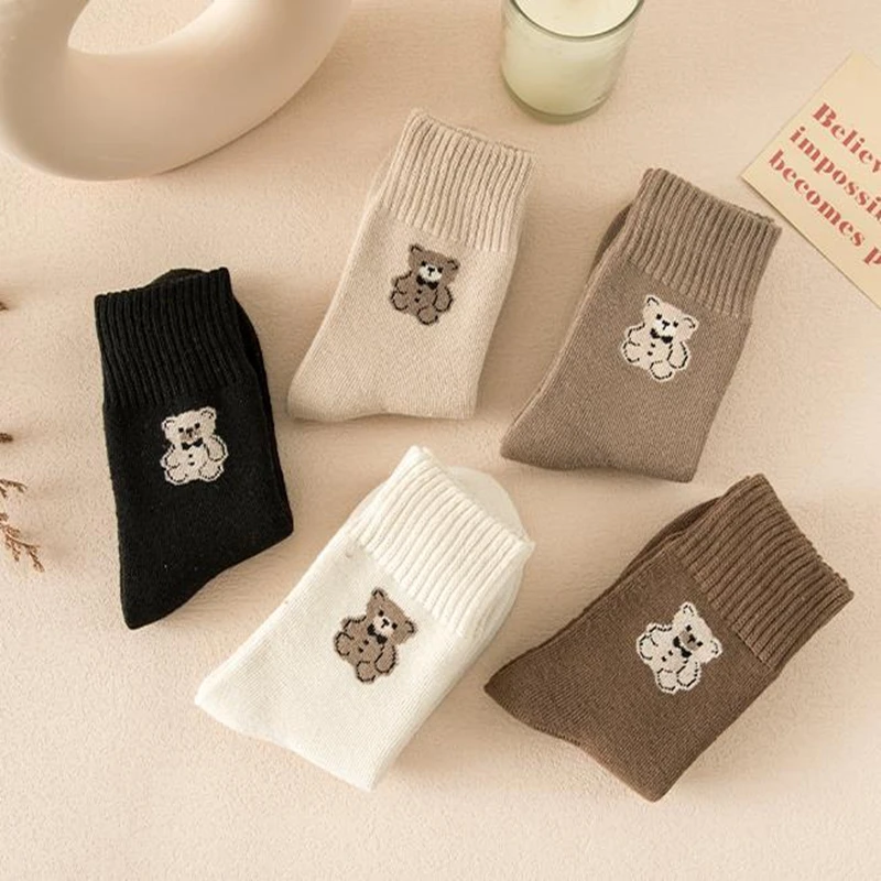 1 Pair of Winter Solid Color Thick Warm Women\'s Socks Cute Animal Bear Harajuku Socks High Quality Hot Selling Mid-Tube Gift Sox