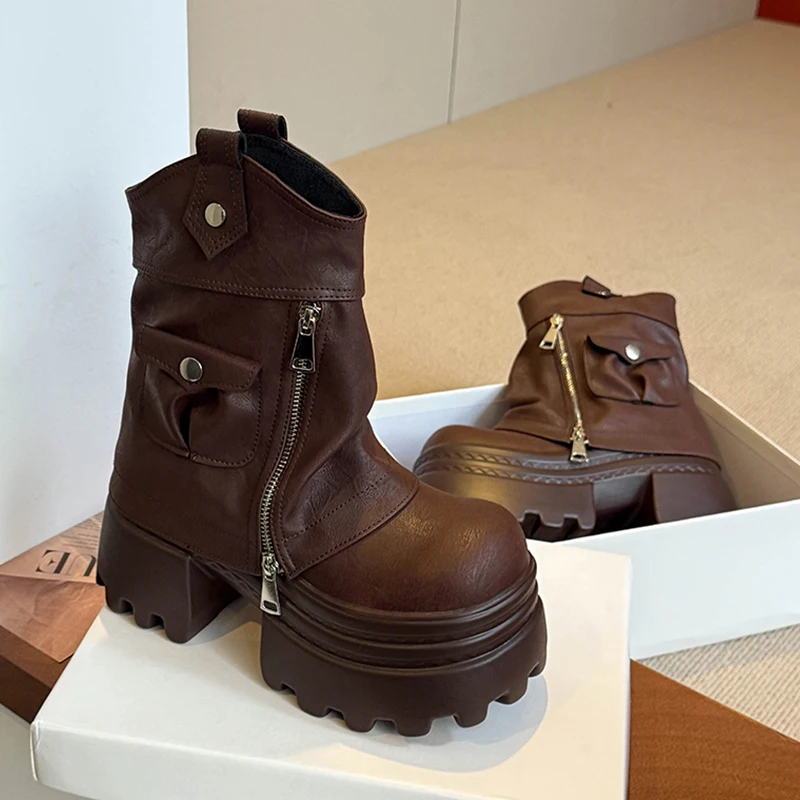 منصة عالية الكعب الأحذية النسائية مصمم أحذية من الجلد الشتاء البريدي تشيلسي أحذية بوت قصيرة 2025 الاتجاه دراجة نارية الأحذية امرأة مضخات #2