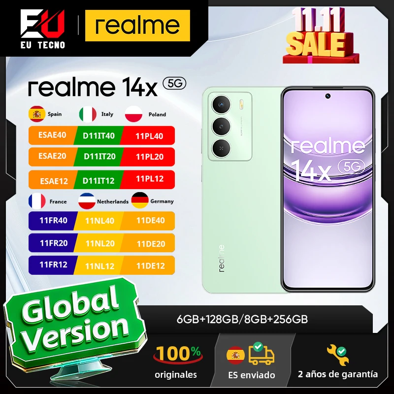 Realme – Smartphone 14X 5G, Version mondiale, jeu de puces 6300 5G, affichage du confort oculaire 120Hz, caméra AI 50mp, batterie 5000mAh IP64