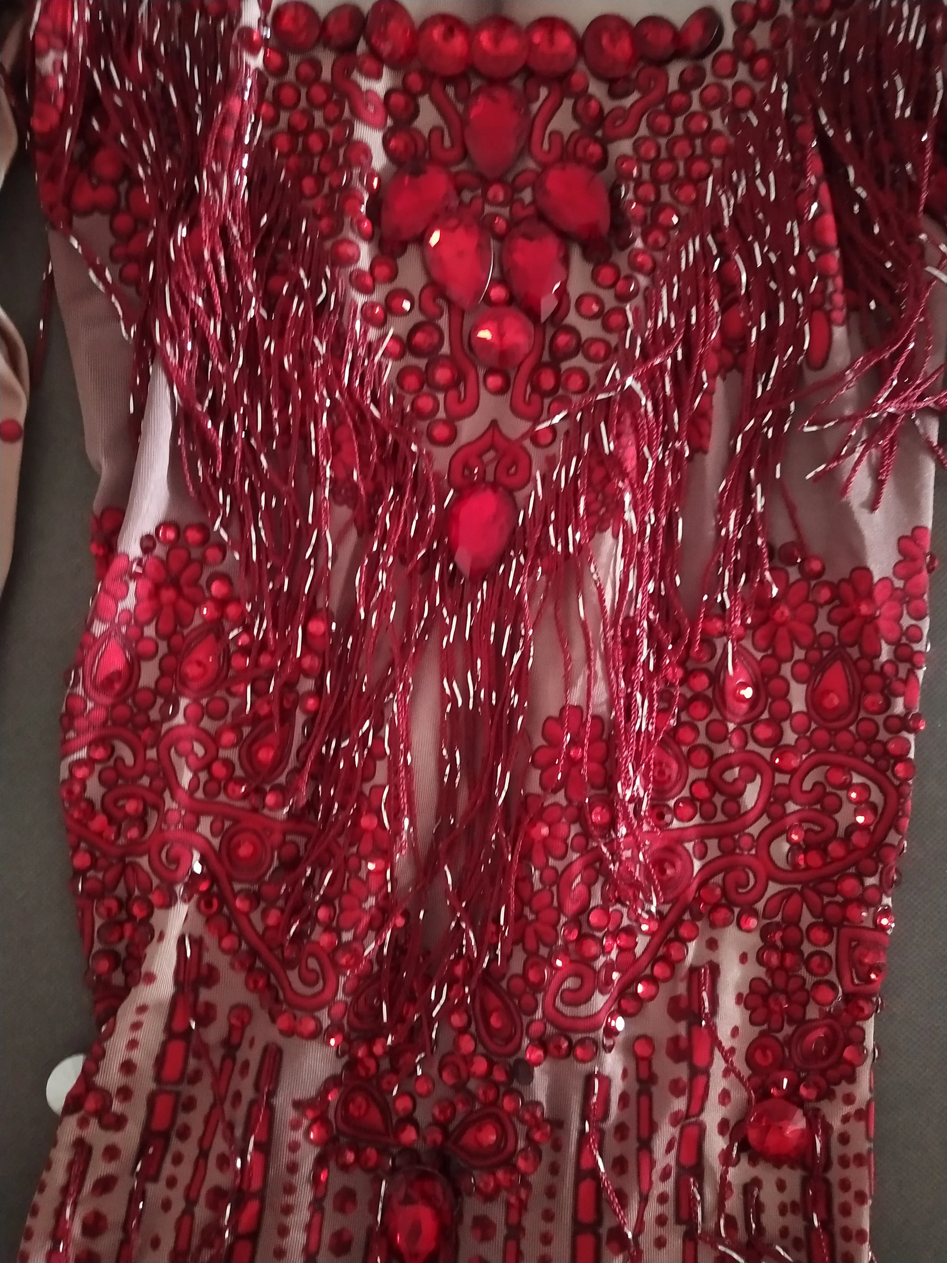 여성 섹시 레드 라인스톤 태슬 점프수트 스트레치 크리스탈 바디수트 바 파티 무대 의상 생일 축하 댄스 의상