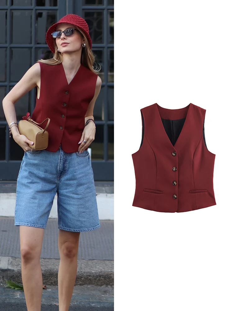 

TFMLN 2026 New Women Fashion V Neck Vest Sleeveless Pockets Short Vest Lady Office Single Breasted Casual Slim WaistCoat