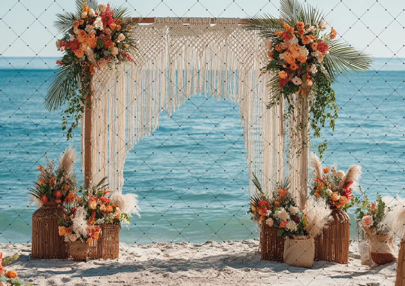 Summer Seaside Wedding Photography Backdrop Wood Stand Curtain Flowers Beach Party Bride Portrait Photo Background Photo Studio