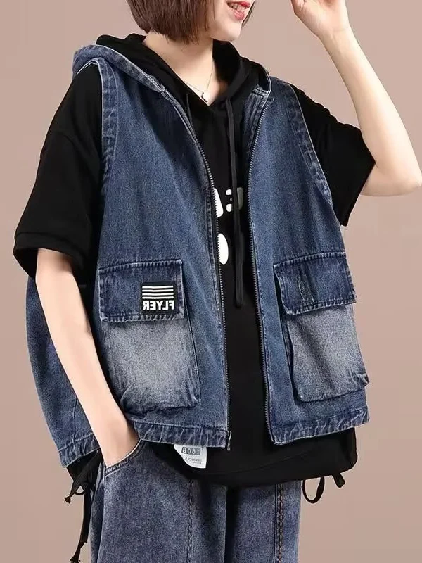 

Casual Artistic Zipper Denim Vest Spring Autumn Fashionable Loose Fit Hooded Jacket Outerwear Commute Style Pure Color