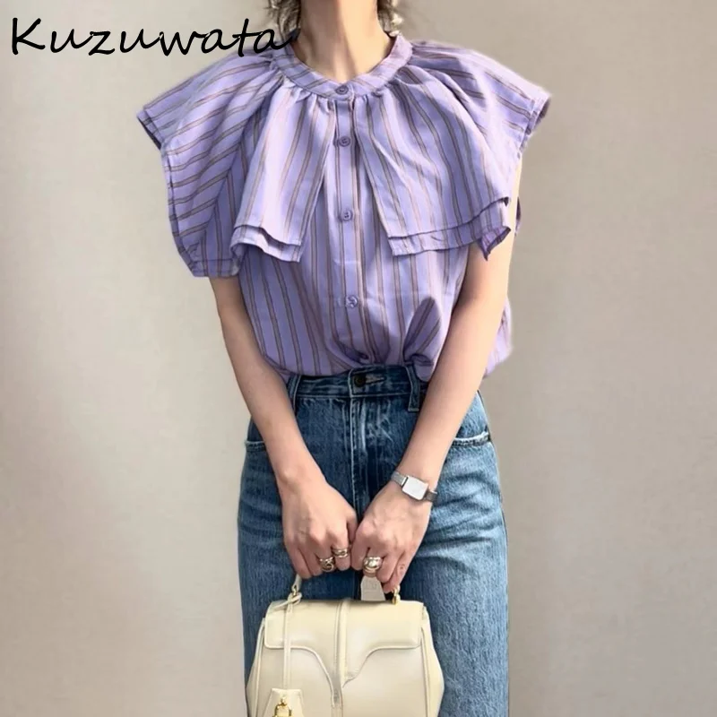 Kuzuwata 2024 Summer New Mujer Blusa Japanese Fashion Blouse Double Lapels Striped Sleeveless Top Slim Waist Pleated Shirt