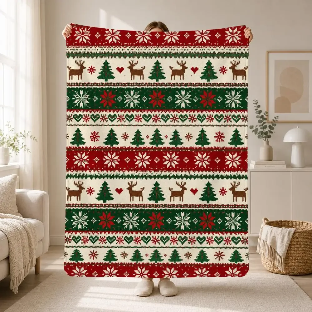 Vintage Christmas Holiday Pattern Vintage Christmas Fair Isle Knit Reindeer Pine Pattern Throw Soft Plush Flannel Throw Blanket