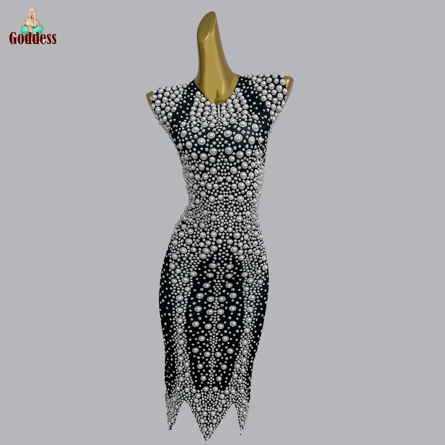 

Sexy Mesh Sleeveless Pearls Mini Black Dress for Women Elegant Evening Birthday Celebrate Nightclub Photo Shoot Luxury Dress