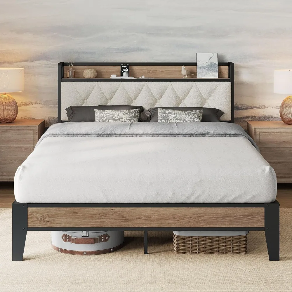 

Full Size Bed Frame, Storage Headboard with Charging Station, Platform Bed Frame with Strong Metal Support, Sturdy and Stable