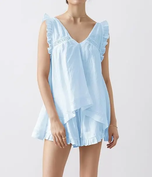 New Fashion Womens Casual 2 Piece Outfits Sleeveless V Neck Ruffle Tank Tops + Shorts Set Loungewear Hot Sale S M L