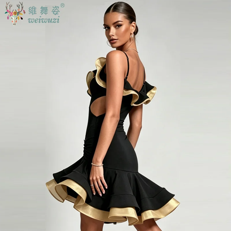 Latin Dance Performance Suit Women's Contrasting Color Lotus Leaf Edge Waist Suspender Dress Ballroom Dance Competition Suit