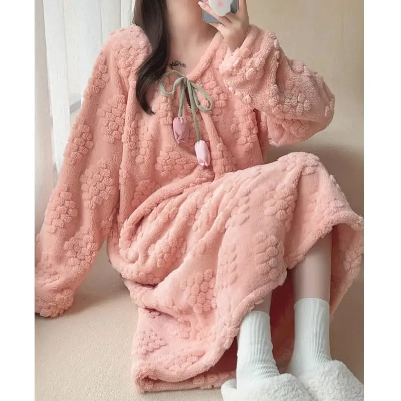 

Coral Fleece Women's Pajamas Set Winter Warm Fleece-Lined Thickened Sleepwear Cute Girls Cotton Flannel Nightwear Homewear
