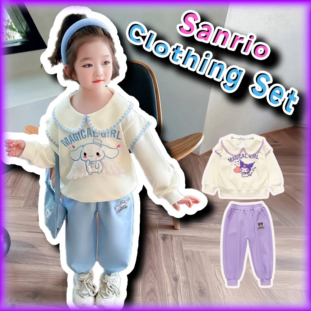 Kawaii Cinnamoroll Girls Pullover Two-piece Set Sanrio Anime Kuromi Cute Fashion Children Long-sleeves Warm Top with Pants