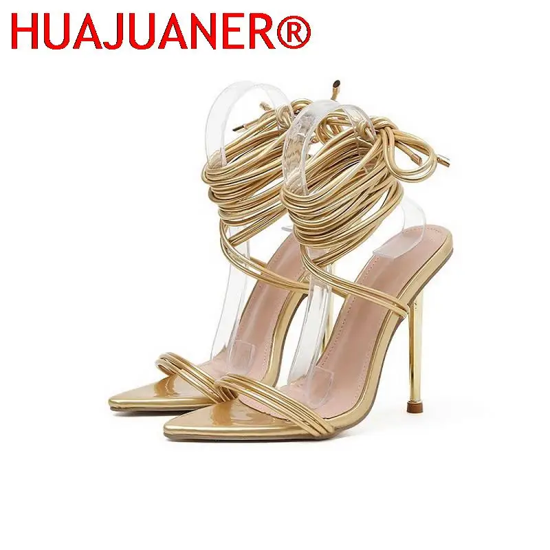 2023 New Style Summer Women Pointed Sandals Plated High Heels Ladies Sandals Open Toe Shoes Girl's Cross Strap Sandals Red Shiny