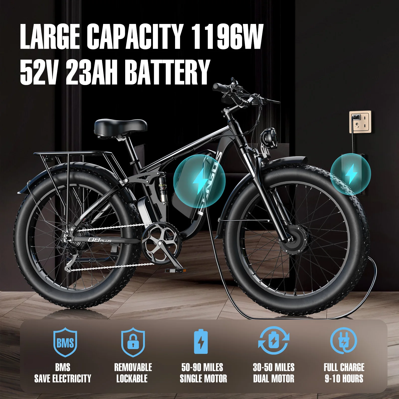 FENGQS Q8PLUS 6000W 5000W Dual Motor Mountain Electric Vehicle 60V1200WH Large Battery, 100 Kilometer Range, Hydraulic Disc Brake with Turn Signal, Electric Bicycles, Commuting, Boys, Fat Tires, Detachable Batteries. Full Shockingproof Frame