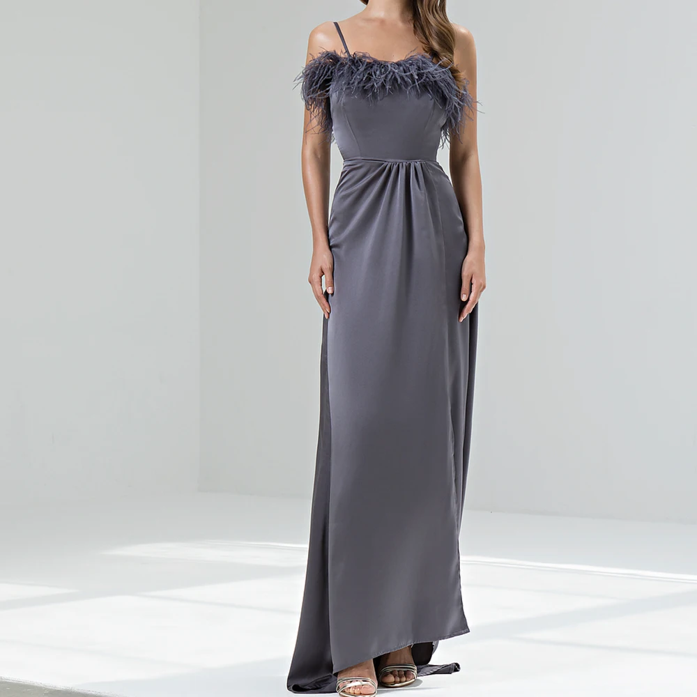 Temperament Jersey Straight Spaghetti Straps Feathers Evening Dress Fashion Floor Length Side Slit فساتين سهره نسائيه فخمة