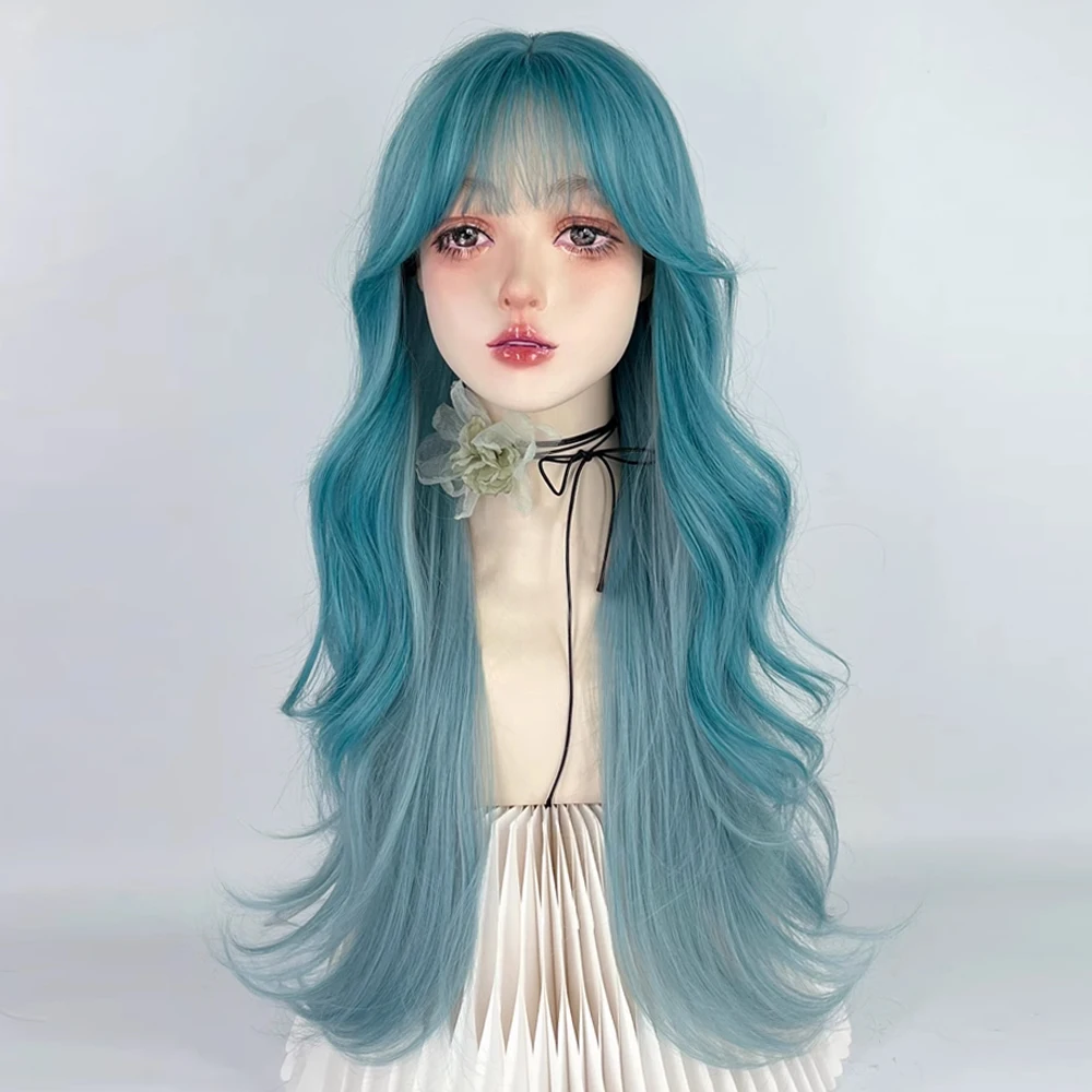 VICWIG Long Wavy Ombre Blue Green Blend Layer Synthetic Wig with Bangs Lolita Cosplay Women Fluffy Hair Wig for Daily Party