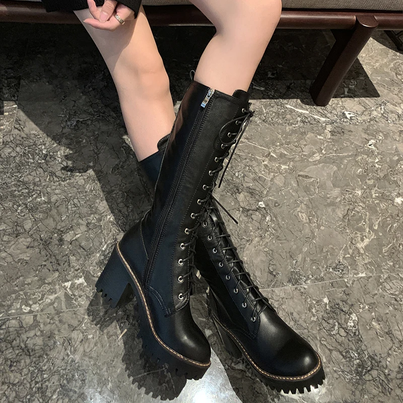 Autumn and winter boots Elastic Band Lace-up Knee-High Ladies\' Boots female women shoes Round toe womens fashion boots Platform