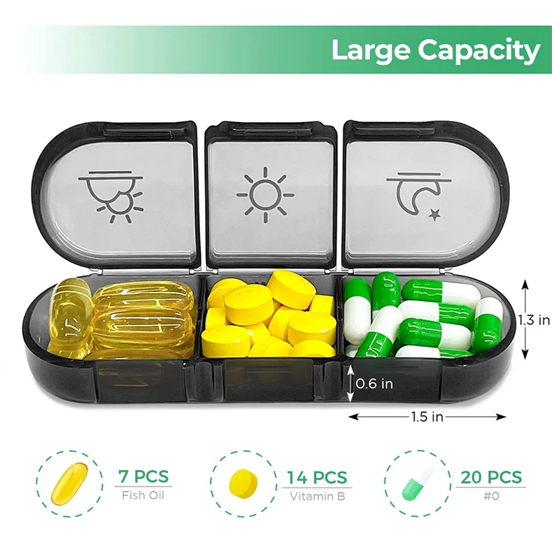 

2X Portable Travel Pill Box Weekly Pill Organizer 3 Time A Daylight-Proof Pill Case Black Universal-B61B