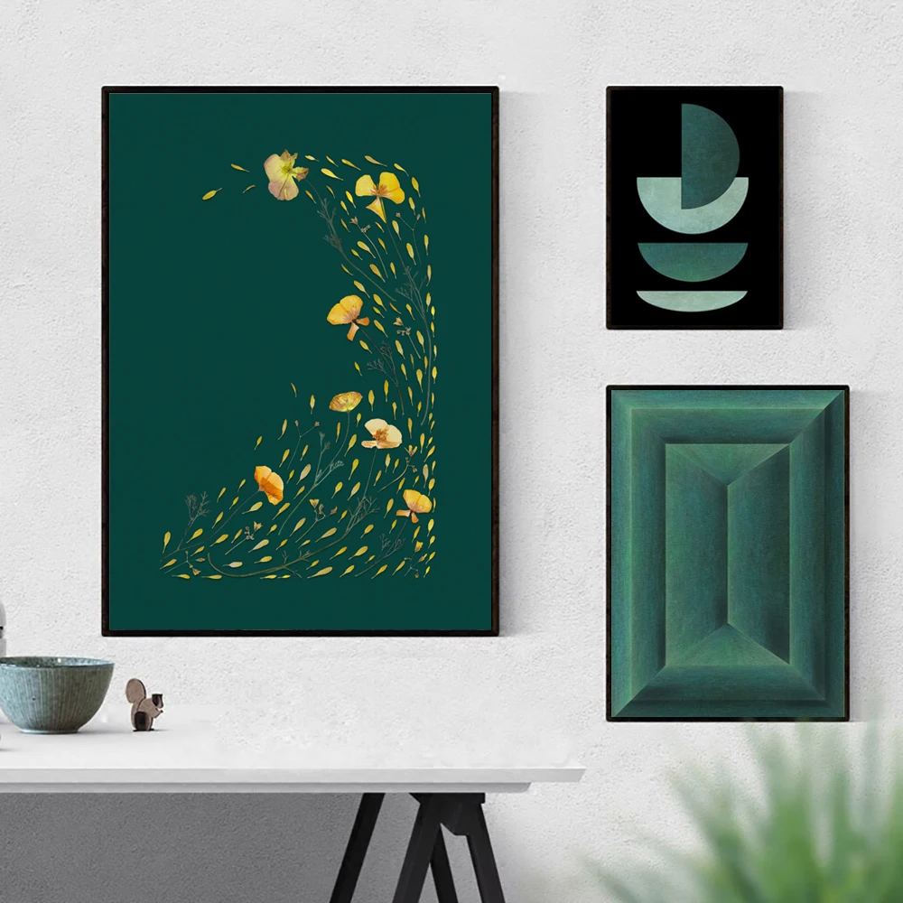 Emerald Green Abstract Geometric Poster Prints Mid Century Modern Wall Art Canvas Painting for Living Room Entrance Home Decor