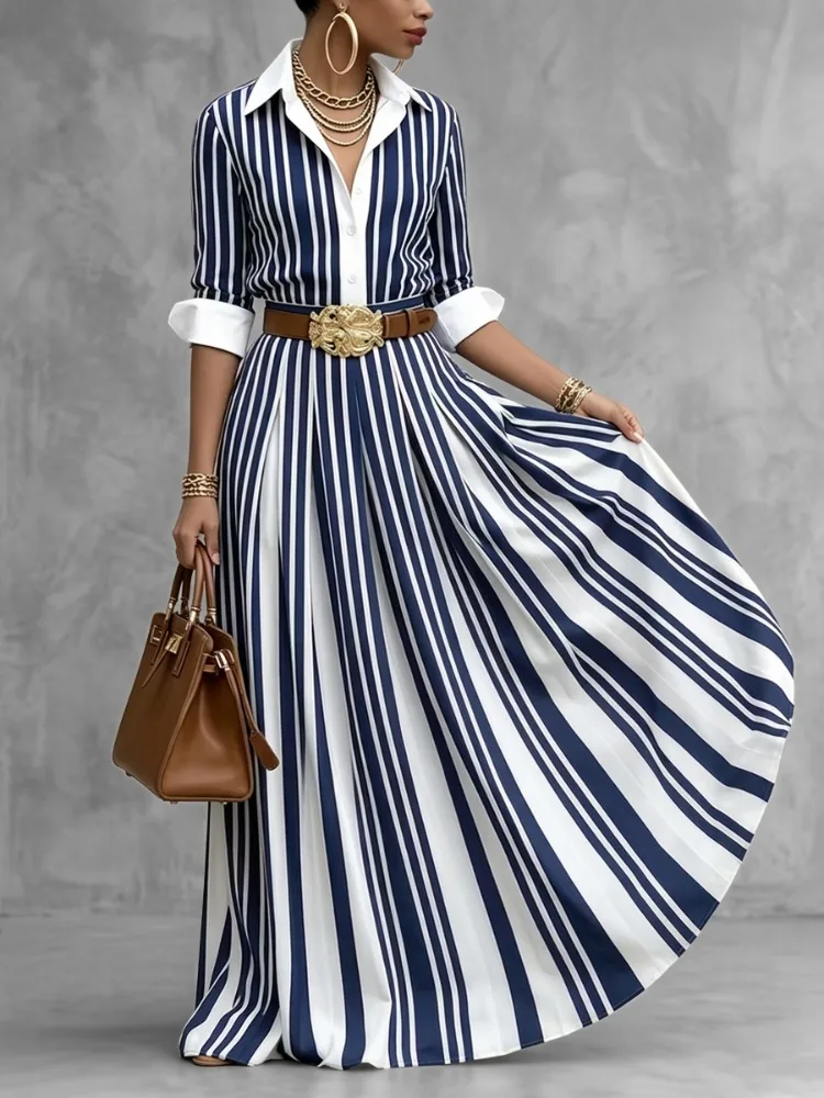 Yeezzi Women's Contrast Color Striped Lapel Shirt Dress Half Sleeves High Waisted Elegant Office Casual Maxi Dresses No Belt