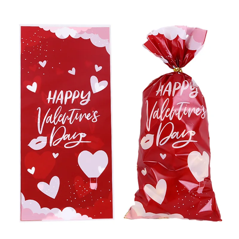 20/50pcs Valentine's Day Heart Gift Bags Plastic OPP/Organza Candy Cookie Bag Valentines Day Party Decoration Favor Supplies