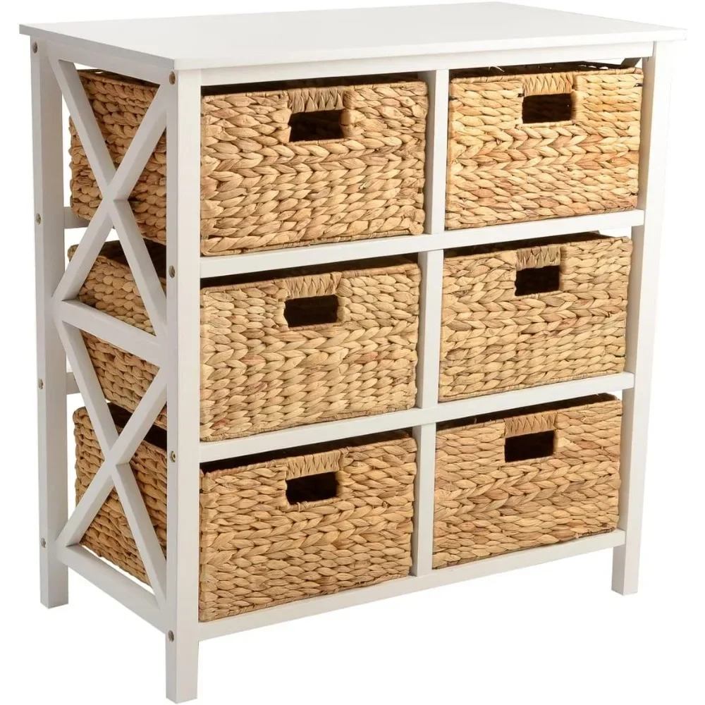 3 Tier X-Side End Storage Cabinet, table with 6 Wicker Baskets for bedroom, living room in White