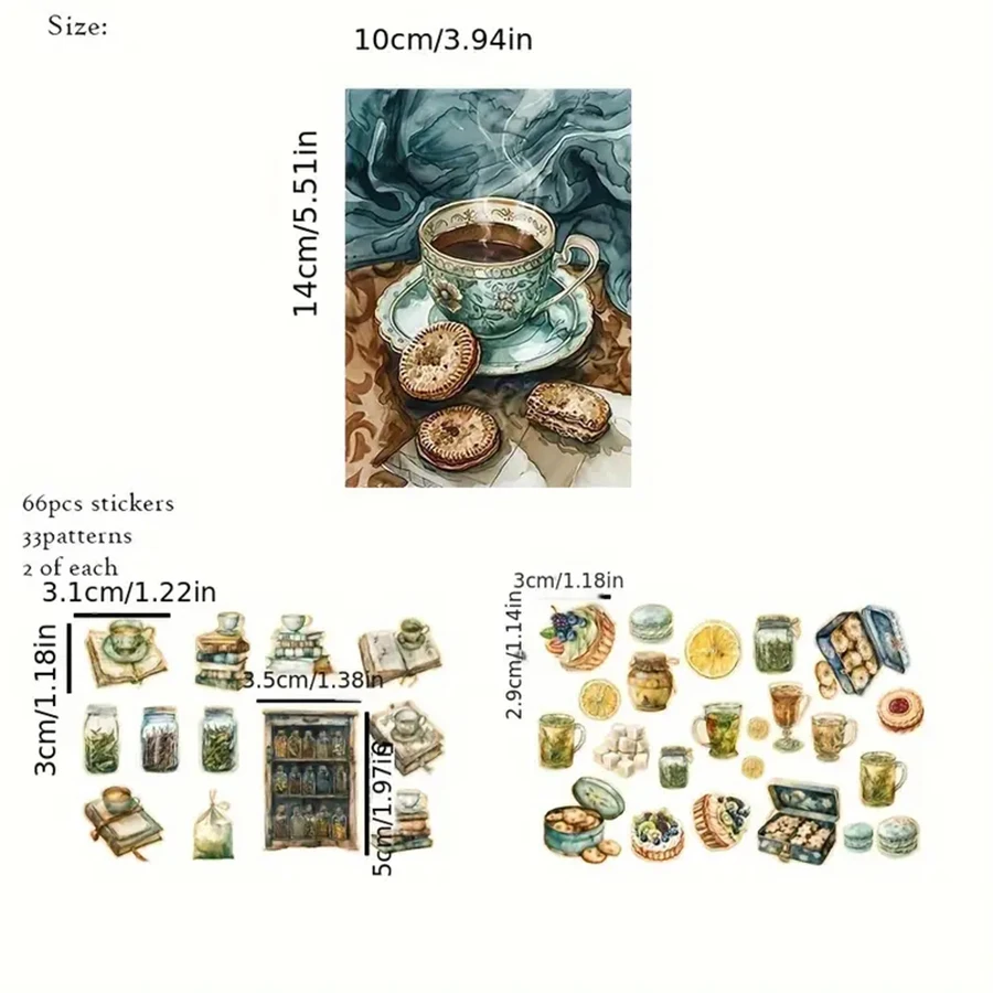78 stücke Karte und Aufkleber Set Teaparty Thema mit Cookie, Tee tasse Retro-Stil Muster, für Themen Party Flagge DIY, Flasche, Album Dec – Detail 4
