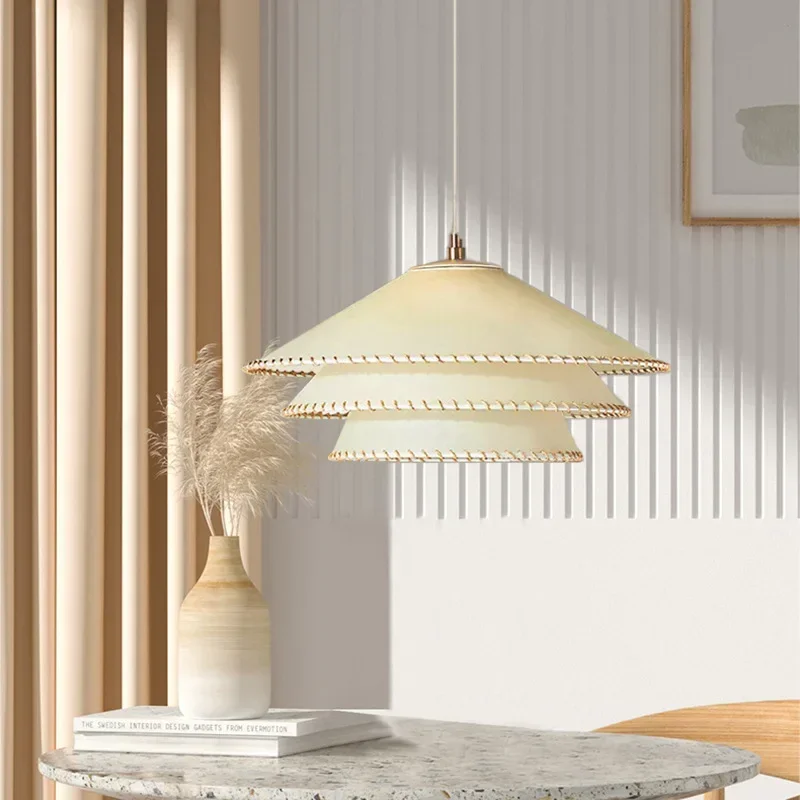 Japanese Wabi Sabi Taper Three Layers Led Pendant Lights White Parchment Chandelier Bedroom Living Room Restaurant Hanging Lamps