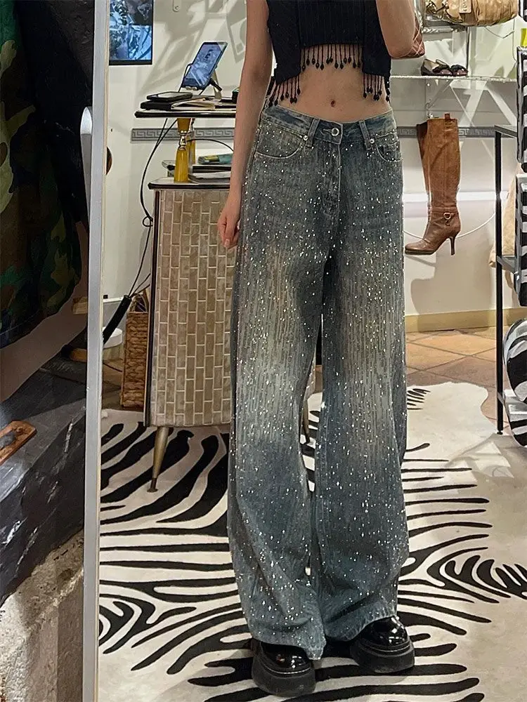 

Jeans Denim Wide Leg Pants High Waist Jean Women Washed Distressed Diamonds Straight Trousers Vintage Zipper Fly Full Length