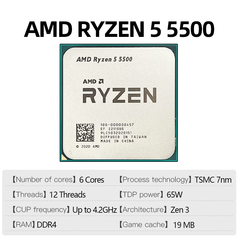 AMD Ryzen 5 5500 CPU Processor R5 5500 100% Brand New 6-Core Socket AM4 65W Desktop Game Computer CPU Without Cooler Fan