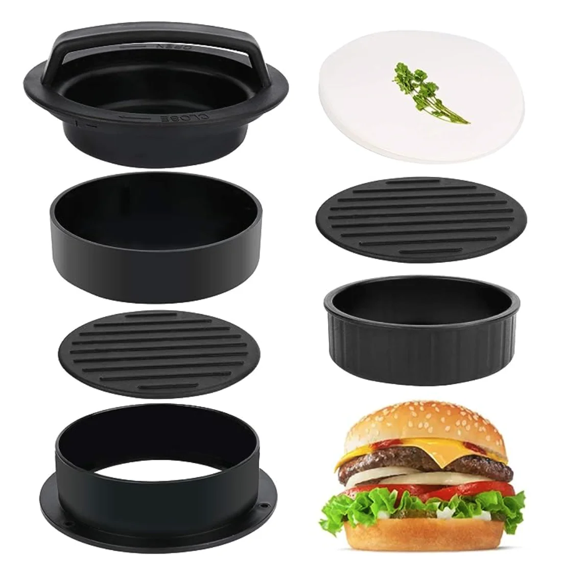 3 in 1 Stuffed Burger Press Patty Maker With 100 PC Wax Papers Hamburger Press Ring Molds Kit Kitchen Accessories Tools Gadgets