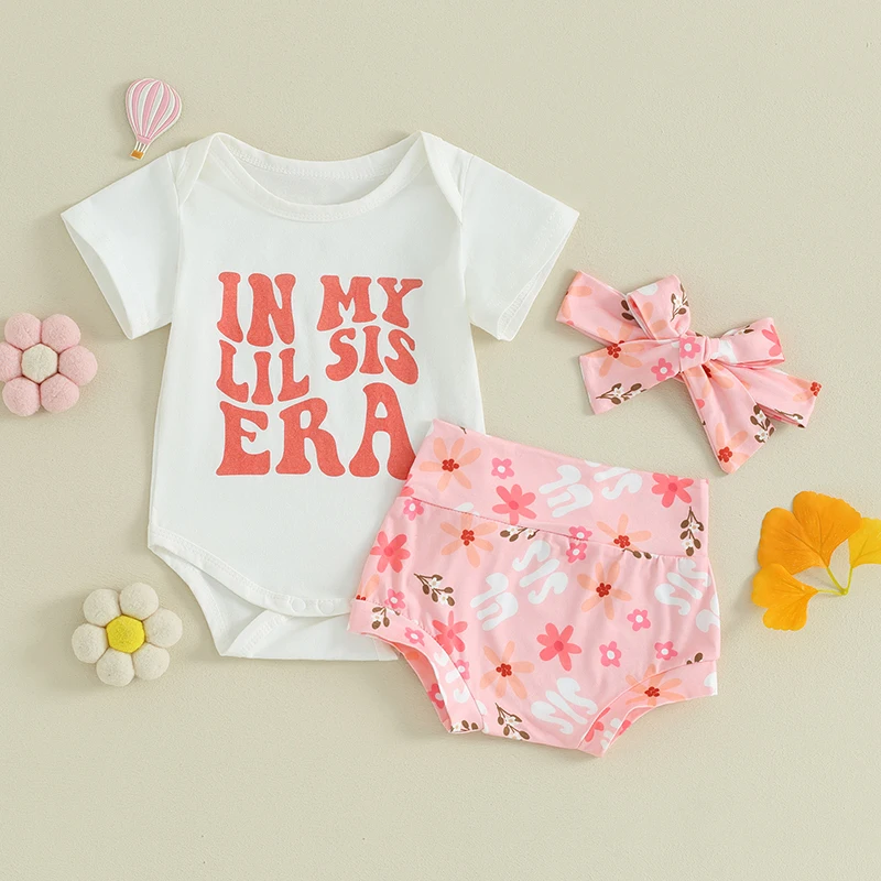 

2023-12-15 Lioraitiin 0-24M Toddler Baby Girl Summer Outfits Short Sleeve Letter Romper Tops Sunflower Shorts Pants Headband Set