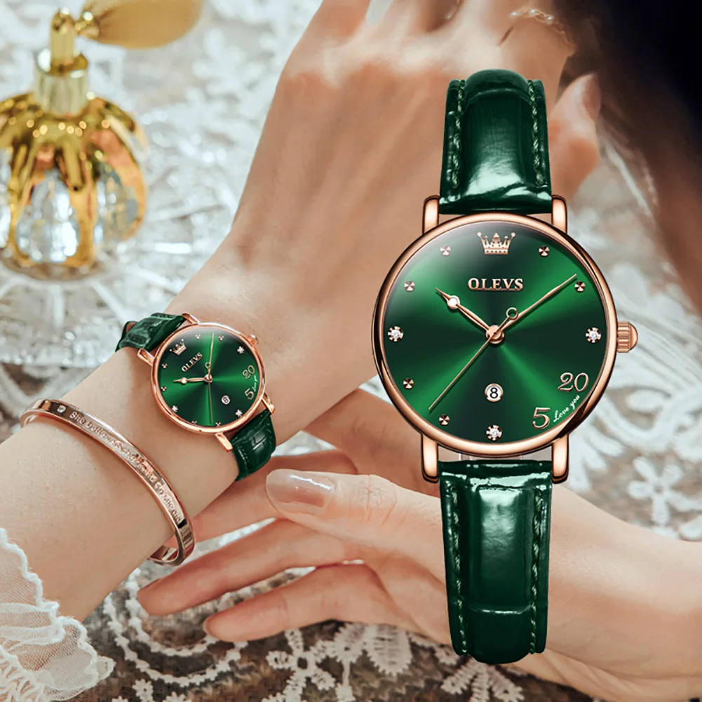 Olevs relógio feminino luruxy fashions original relógio de pulso verde dial pulseira de couro à prova dwaterproof água relógio feminino elegante