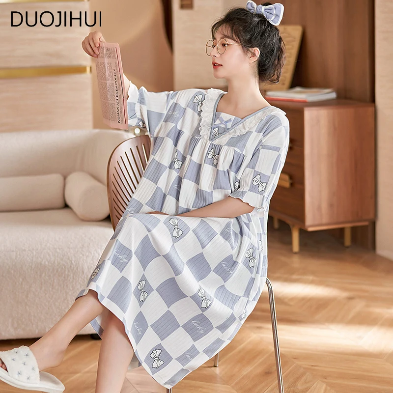 DUOJIHUI Summer Sweet Printed Simple Bow Sleepwear Women New Chic Neck Loose Casual Fashion Contrast Color Soft Female Nightgown