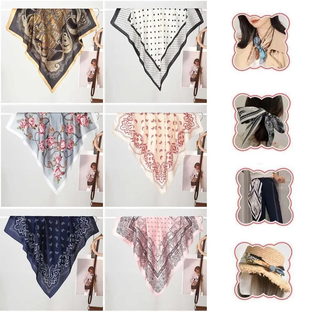 

70x70cm Women Imitation silk Silk Scarf Breathable Print Bandana Sun-Resistant Smooth Hijab Spring
