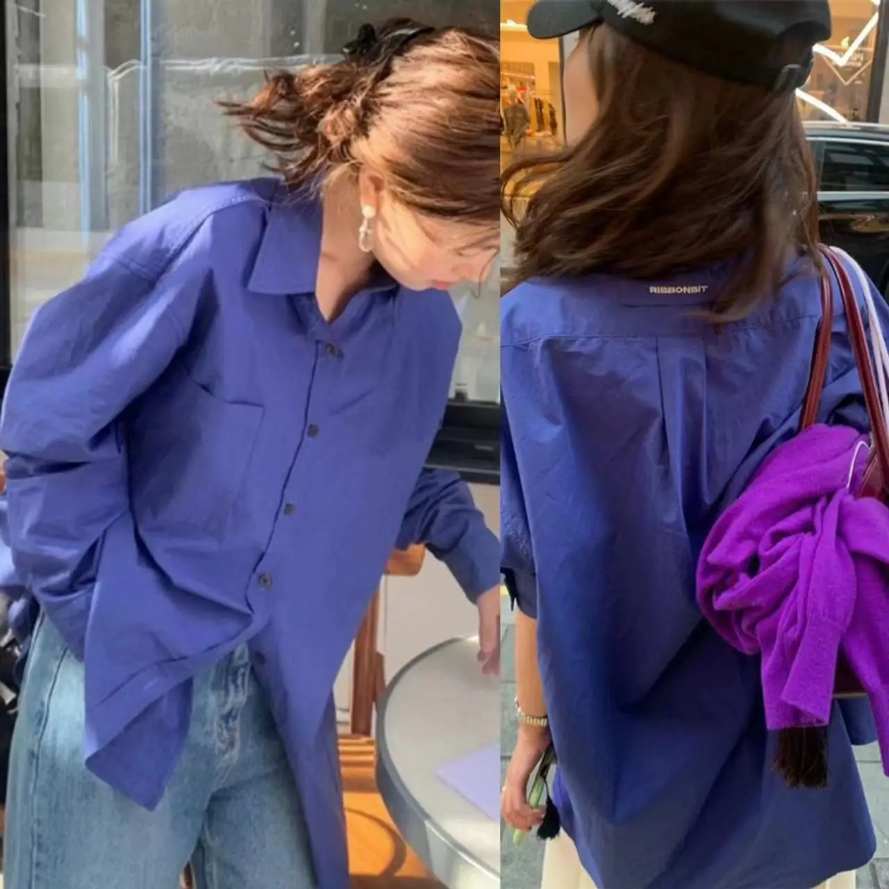 

Spring 2025 New Loose Casual Pure Color irt Mone Ribonbit Single Button Flip Collar Women's Top Faion Comfortable Cotton