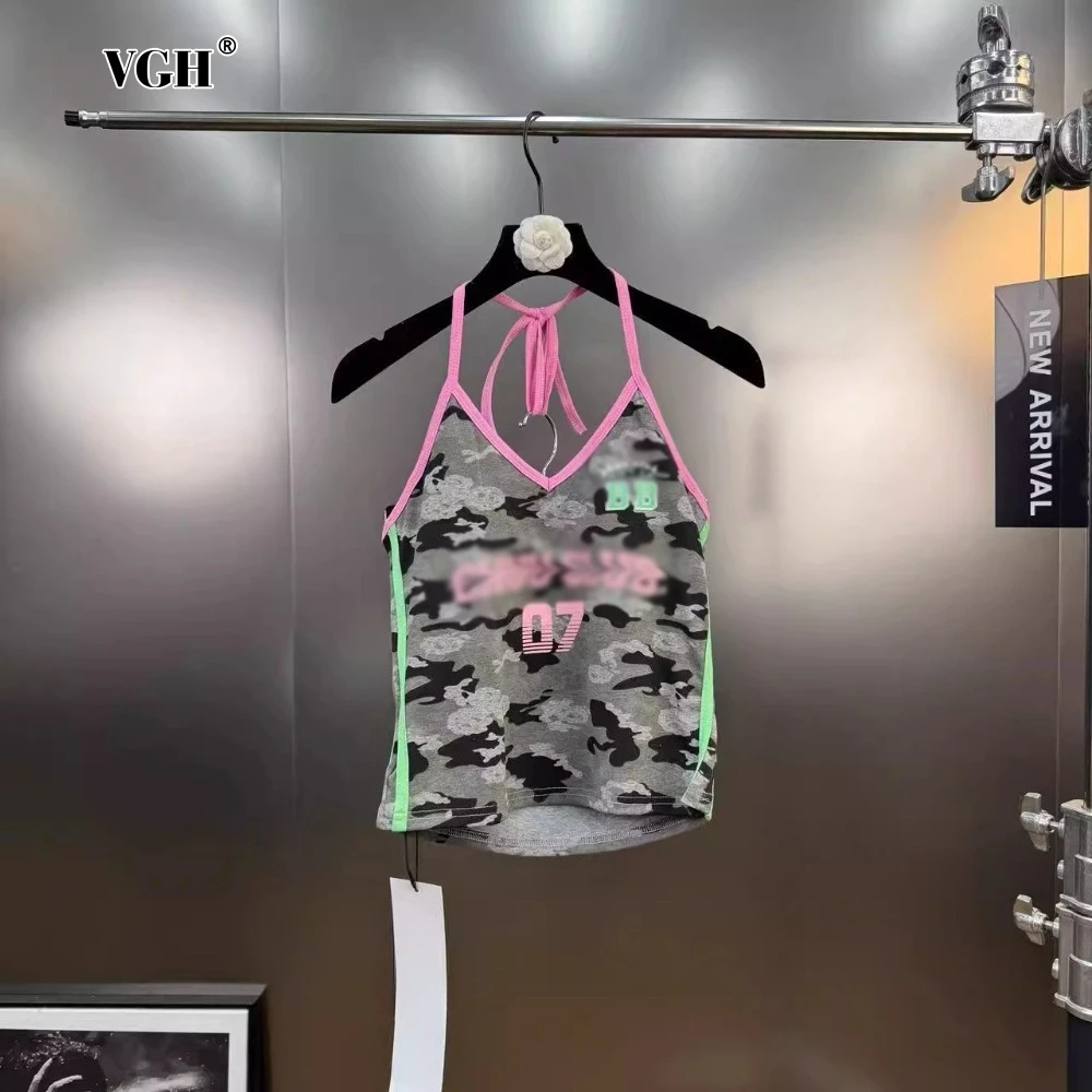 

VGH Streetwear Patchwork Camouflage Camisole for Women Halter Sleeveless Letter Printed Hotsweet Top Female Summer Fashion Style